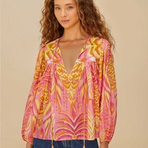 NWT Farm Rio Pink Pineapple Tapestry Long Sleeve Cotton Blouse Top L